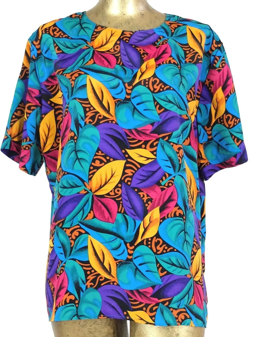 80s Abstract Floral Leaves Scoop Neck Short Sleeve Shirt