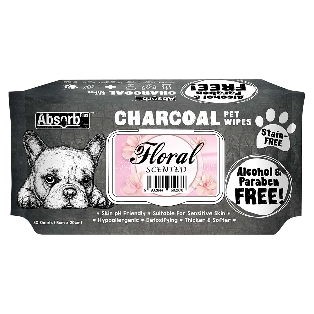 Absorb Plus Charcoal Pet Wipes Floral Scented 15cm x 20cm - 80sheets