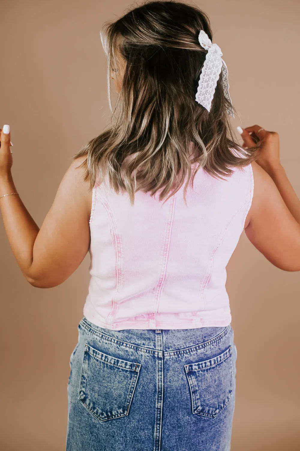 Acid Wash Denim Vest, Light Pink