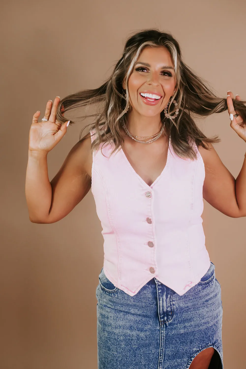 Acid Wash Denim Vest, Light Pink