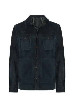 Adrien Men's Suede Leather Overshirt - Navy Blue