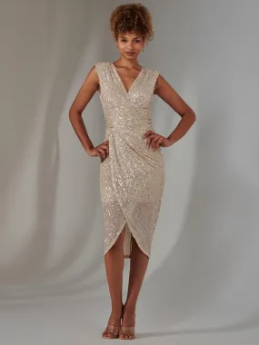 Aisla Ruched Sequin Bodycon Dress, Beige Silver