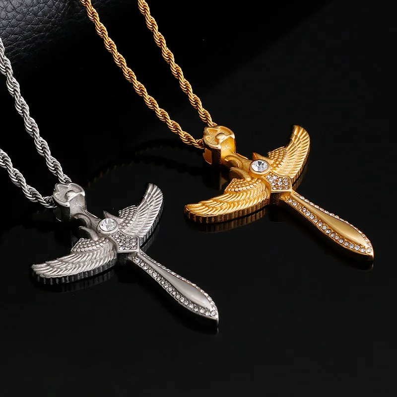 Angel Wings Sword Pendant - Vintage Cross Necklace for Men, Stainless Steel and Titanium Steel Jewelry