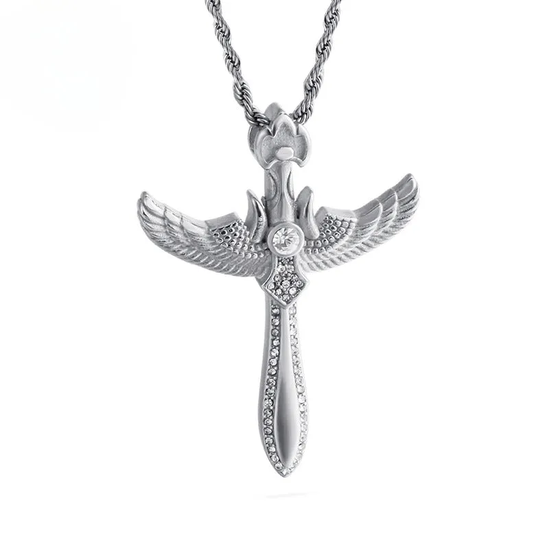 Angel Wings Sword Pendant - Vintage Cross Necklace for Men, Stainless Steel and Titanium Steel Jewelry