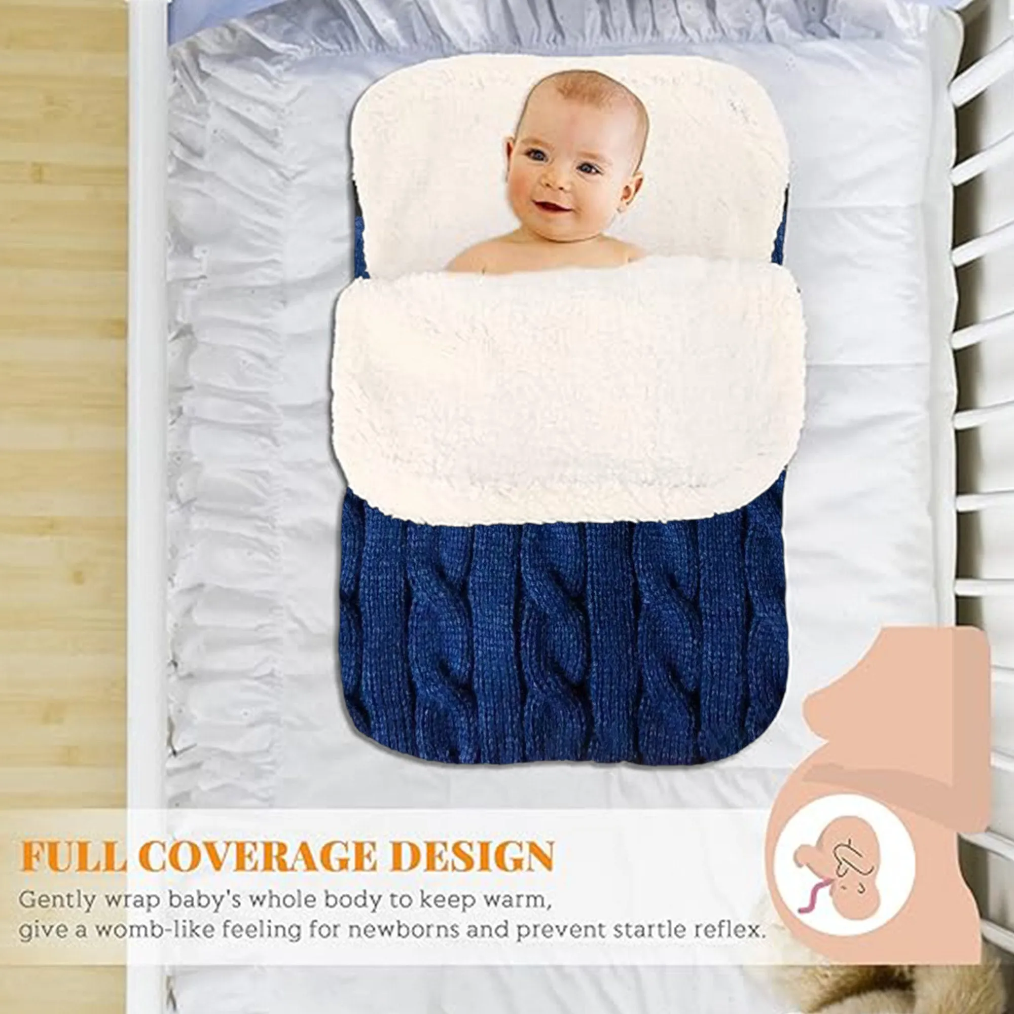 Babymoon Organic Knitted Woolen Fleece Swaddle Wrap | Baby Sleeping Bag | Blue