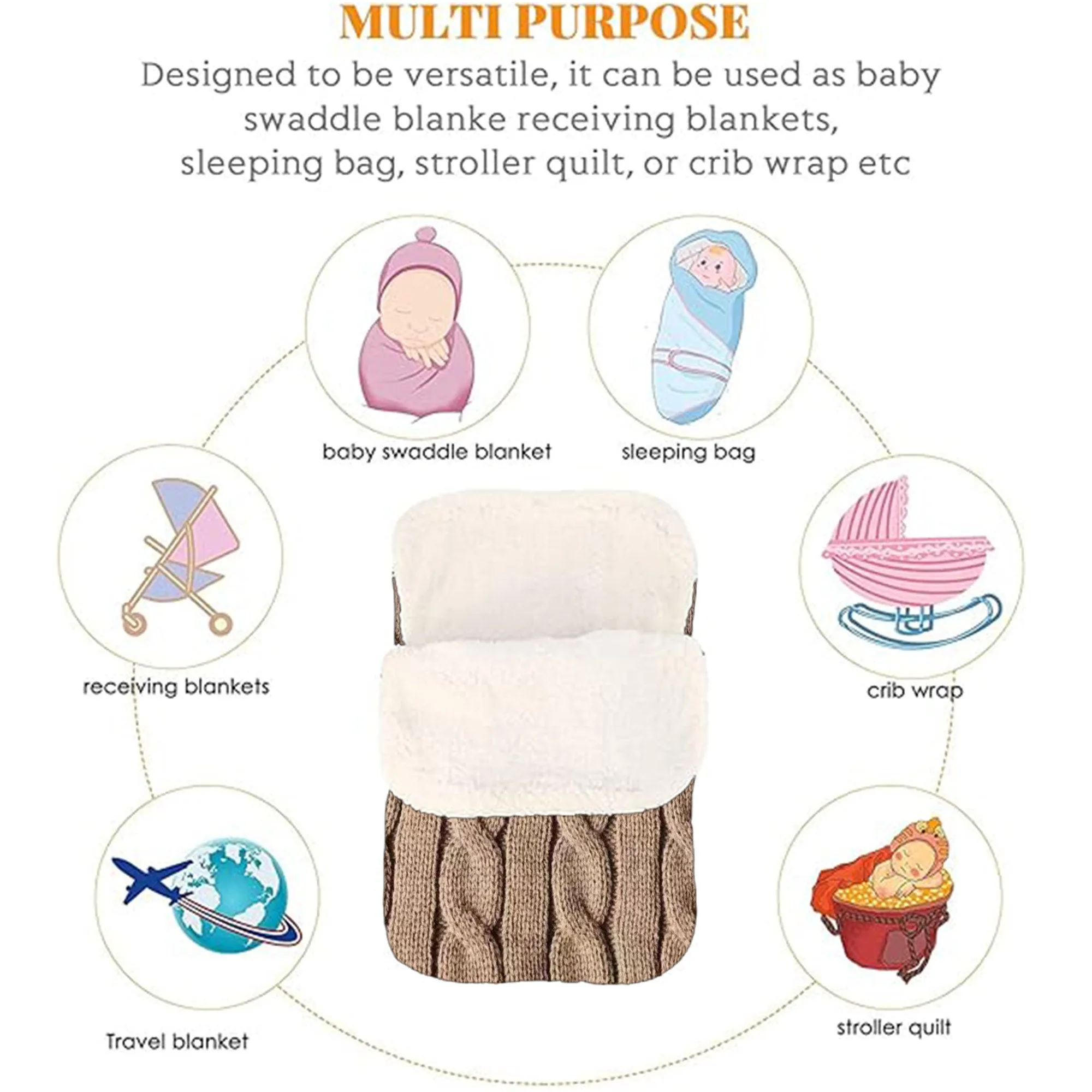 Babymoon Organic Knitted Woolen Fleece Swaddle Wrap | Baby Sleeping Bag | Brown