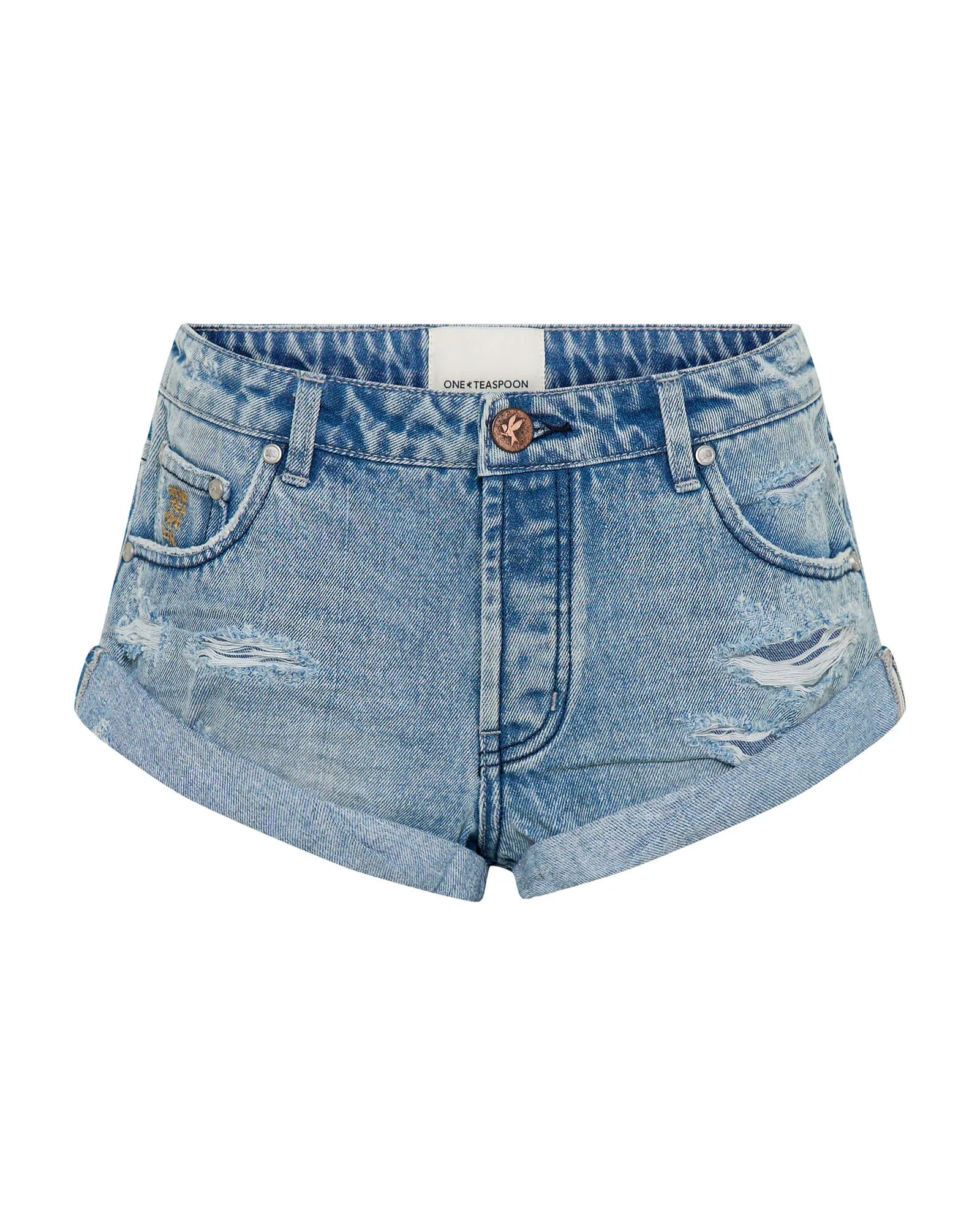 Bandits Low Waist Messed Up Denim Shorts in Salty Dog Blue