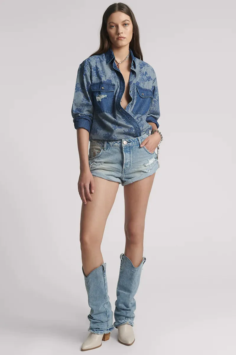 Bandits Low Waist Messed Up Denim Shorts in Salty Dog Blue