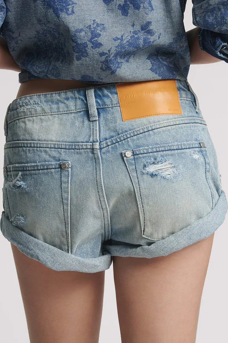 Bandits Low Waist Messed Up Denim Shorts in Salty Dog Blue