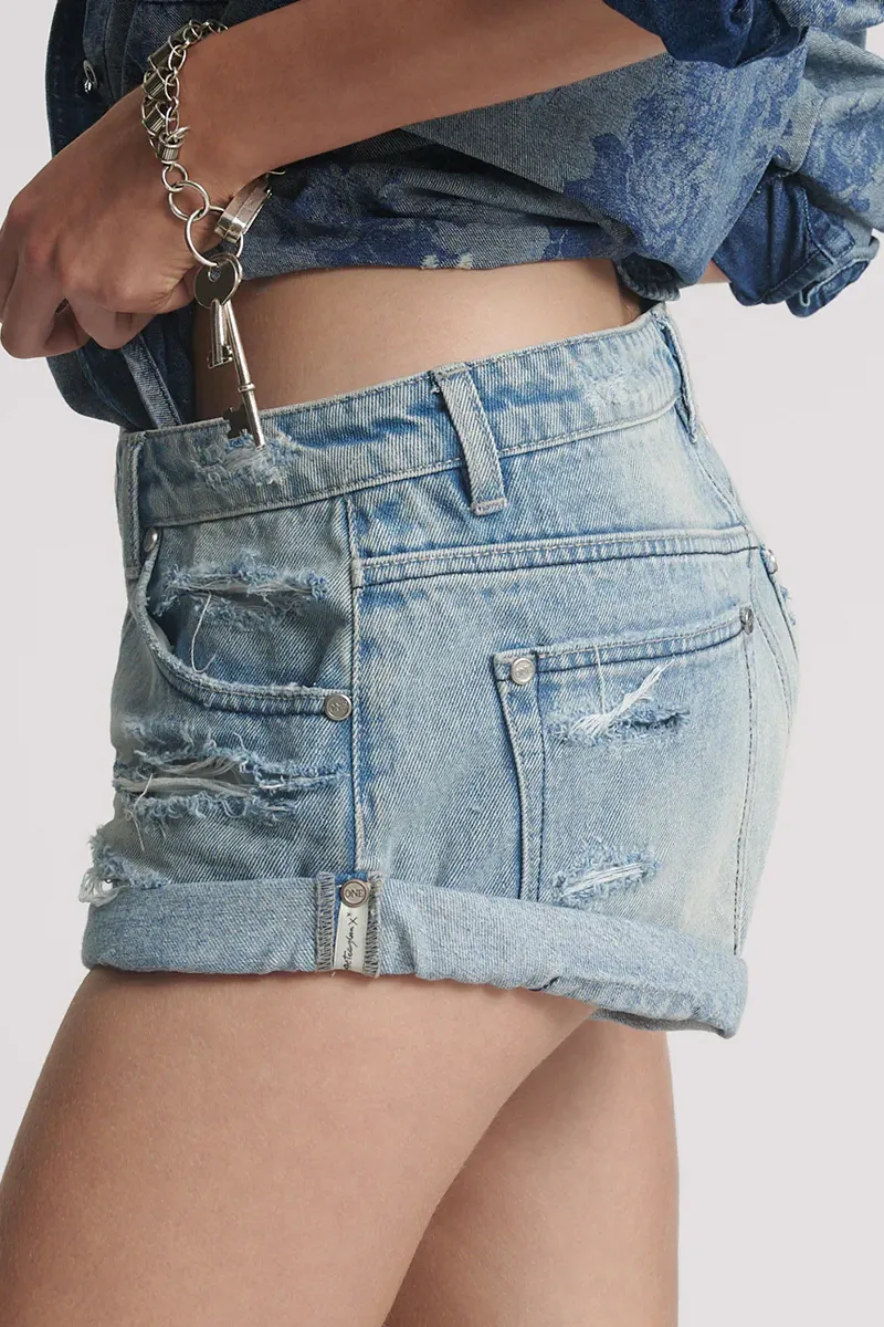 Bandits Low Waist Messed Up Denim Shorts in Salty Dog Blue