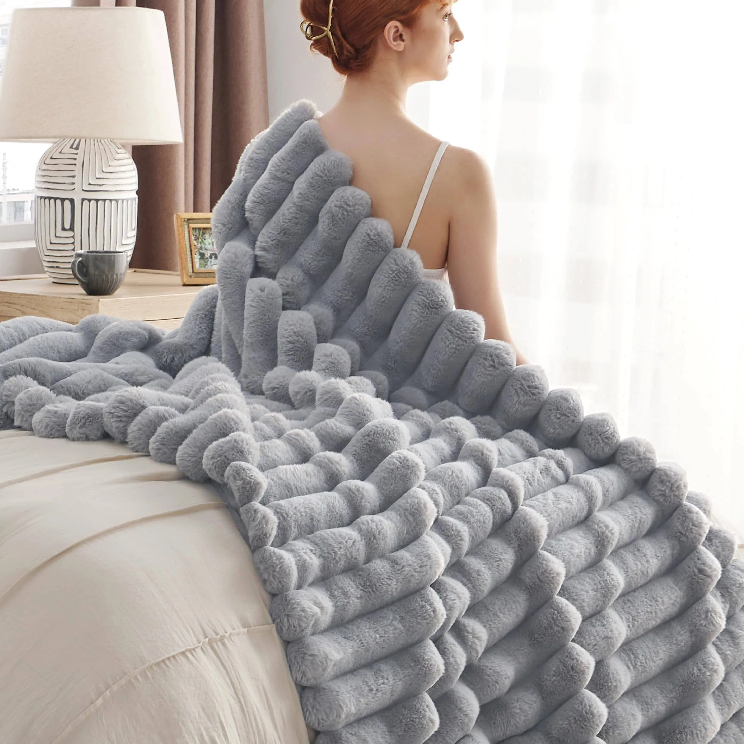 Bedsure Faux Fur Striped Throw Blanket