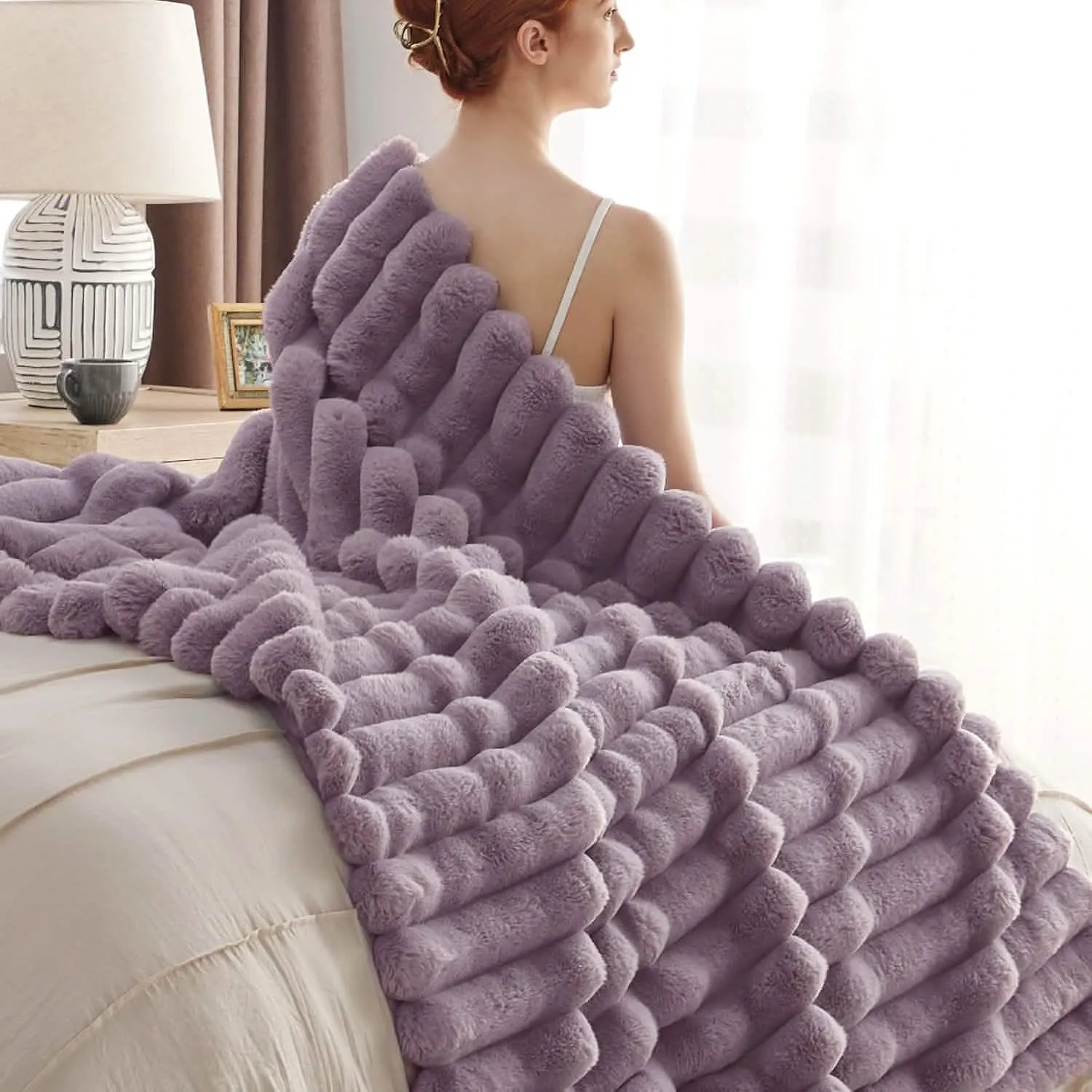 Bedsure Faux Fur Striped Throw Blanket