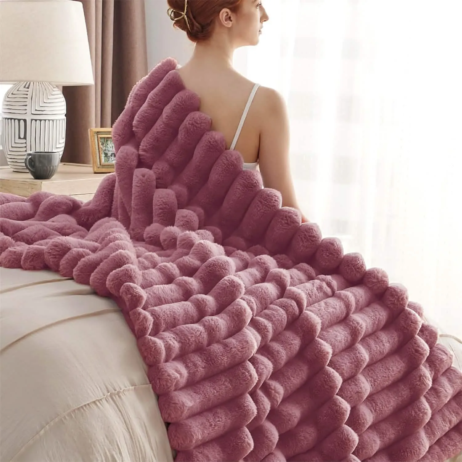 Bedsure Faux Fur Striped Throw Blanket