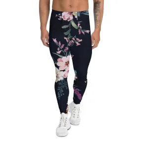 Black Floral Print Men's Leggings, Classic Flower Print Best Designer Compression Tights For Men-Made in USA/EU/MX