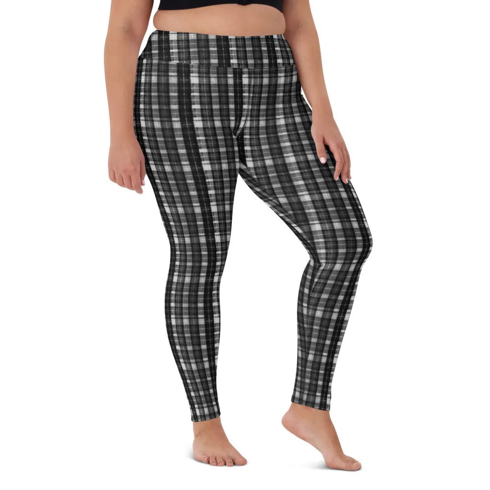 Black White Plaid Yoga Leggings, Scottish Black and White Plaid Print Women's Compression Long Tights-Made in USA/EU/MX