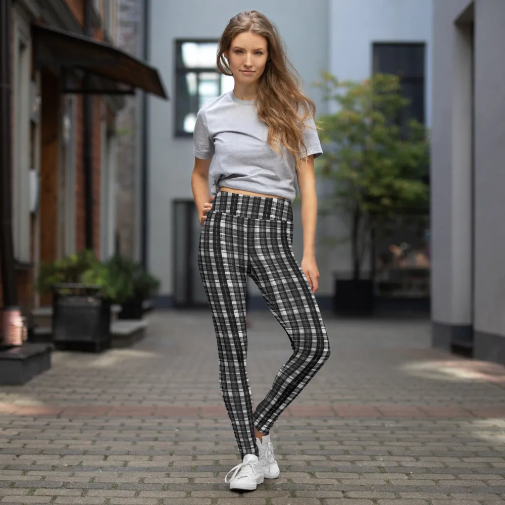 Black White Plaid Yoga Leggings, Scottish Black and White Plaid Print Women's Compression Long Tights-Made in USA/EU/MX