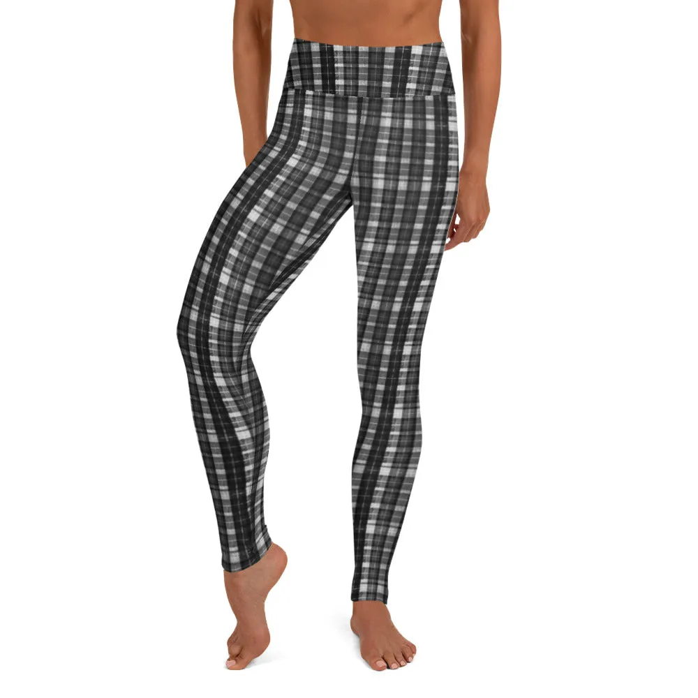 Black White Plaid Yoga Leggings, Scottish Black and White Plaid Print Women's Compression Long Tights-Made in USA/EU/MX