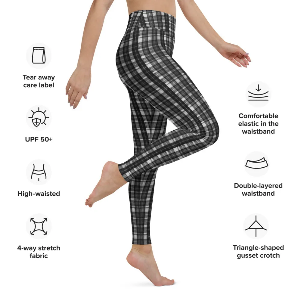 Black White Plaid Yoga Leggings, Scottish Black and White Plaid Print Women's Compression Long Tights-Made in USA/EU/MX