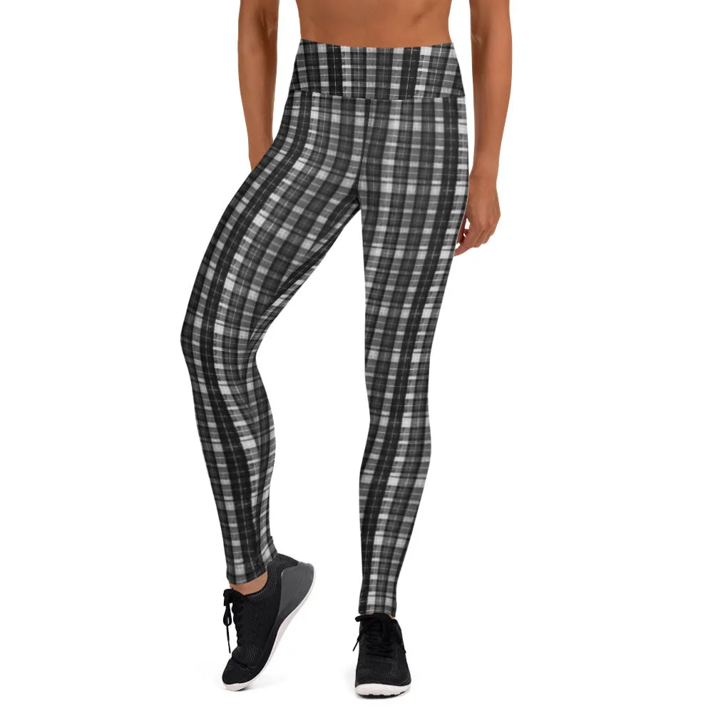 Black White Plaid Yoga Leggings, Scottish Black and White Plaid Print Women's Compression Long Tights-Made in USA/EU/MX