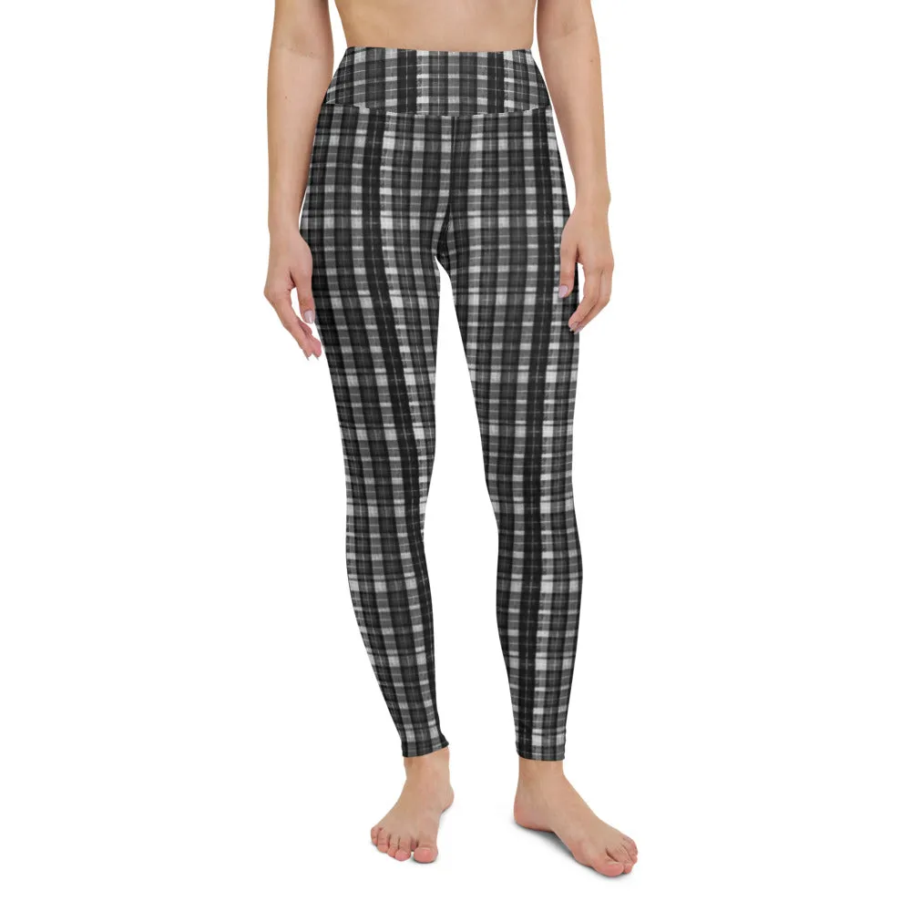 Black White Plaid Yoga Leggings, Scottish Black and White Plaid Print Women's Compression Long Tights-Made in USA/EU/MX