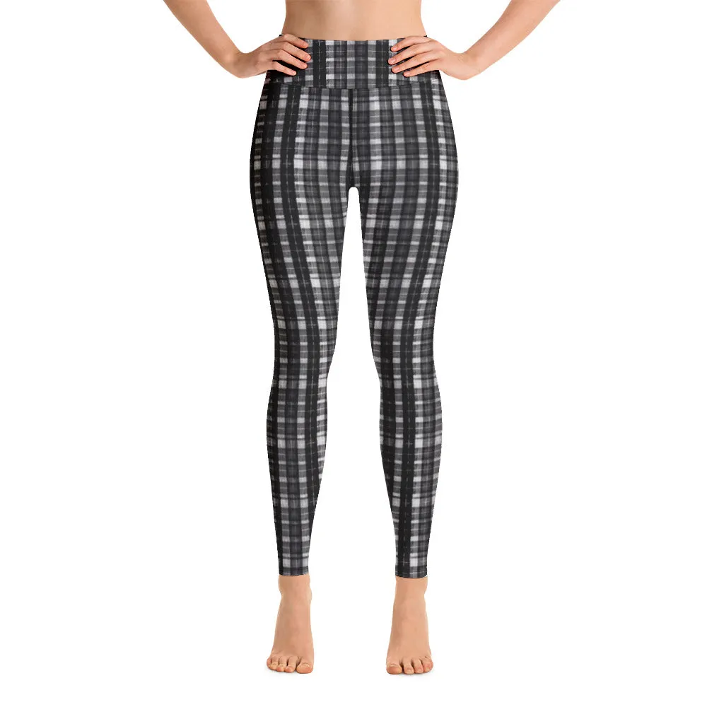 Black White Plaid Yoga Leggings, Scottish Black and White Plaid Print Women's Compression Long Tights-Made in USA/EU/MX