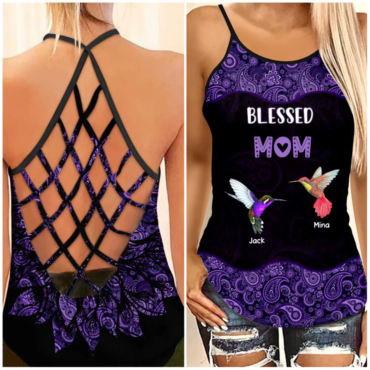 Blessed Grandma Hummingbird Custom Gift For Grandma Cross Tank Top