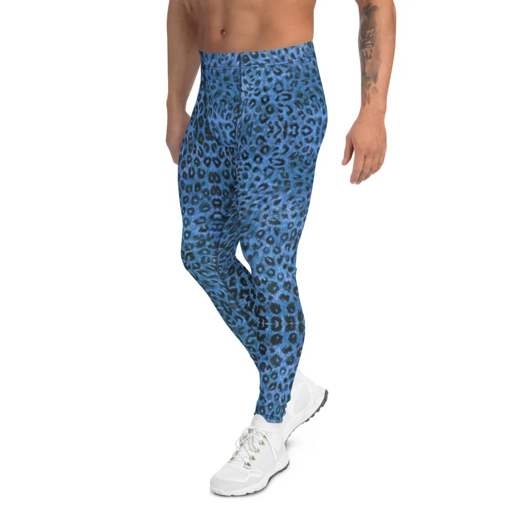 Blue Leopard Men's Leggings, Animal Print Meggings Compression Tights-Made in USA/EU/MX