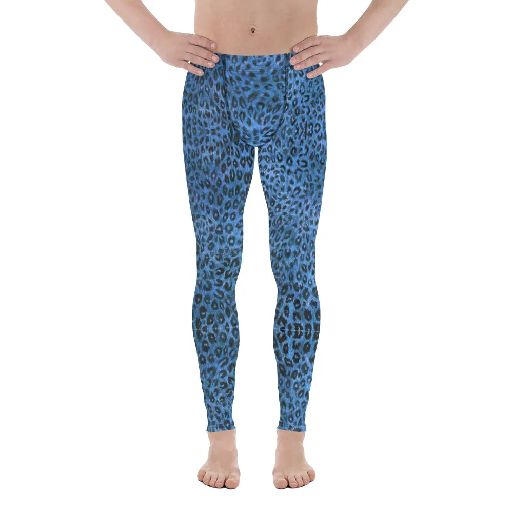 Blue Leopard Men's Leggings, Animal Print Meggings Compression Tights-Made in USA/EU/MX