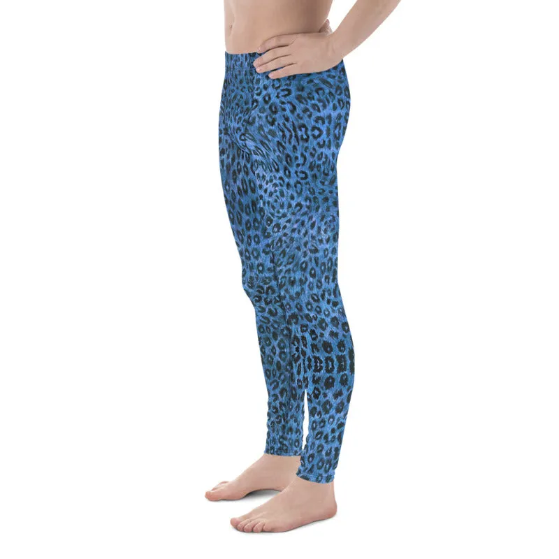 Blue Leopard Men's Leggings, Animal Print Meggings Compression Tights-Made in USA/EU/MX