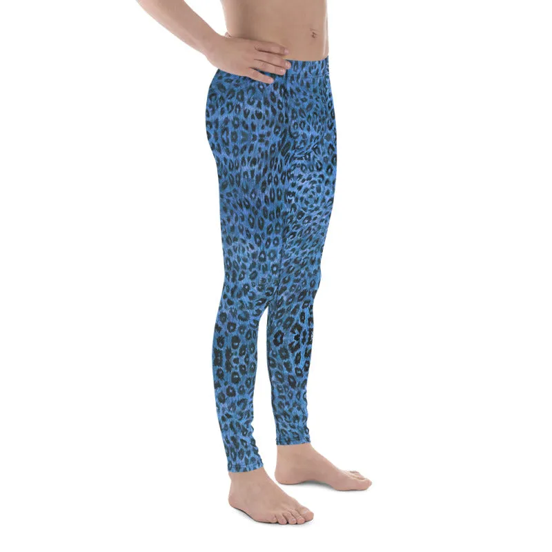 Blue Leopard Men's Leggings, Animal Print Meggings Compression Tights-Made in USA/EU/MX