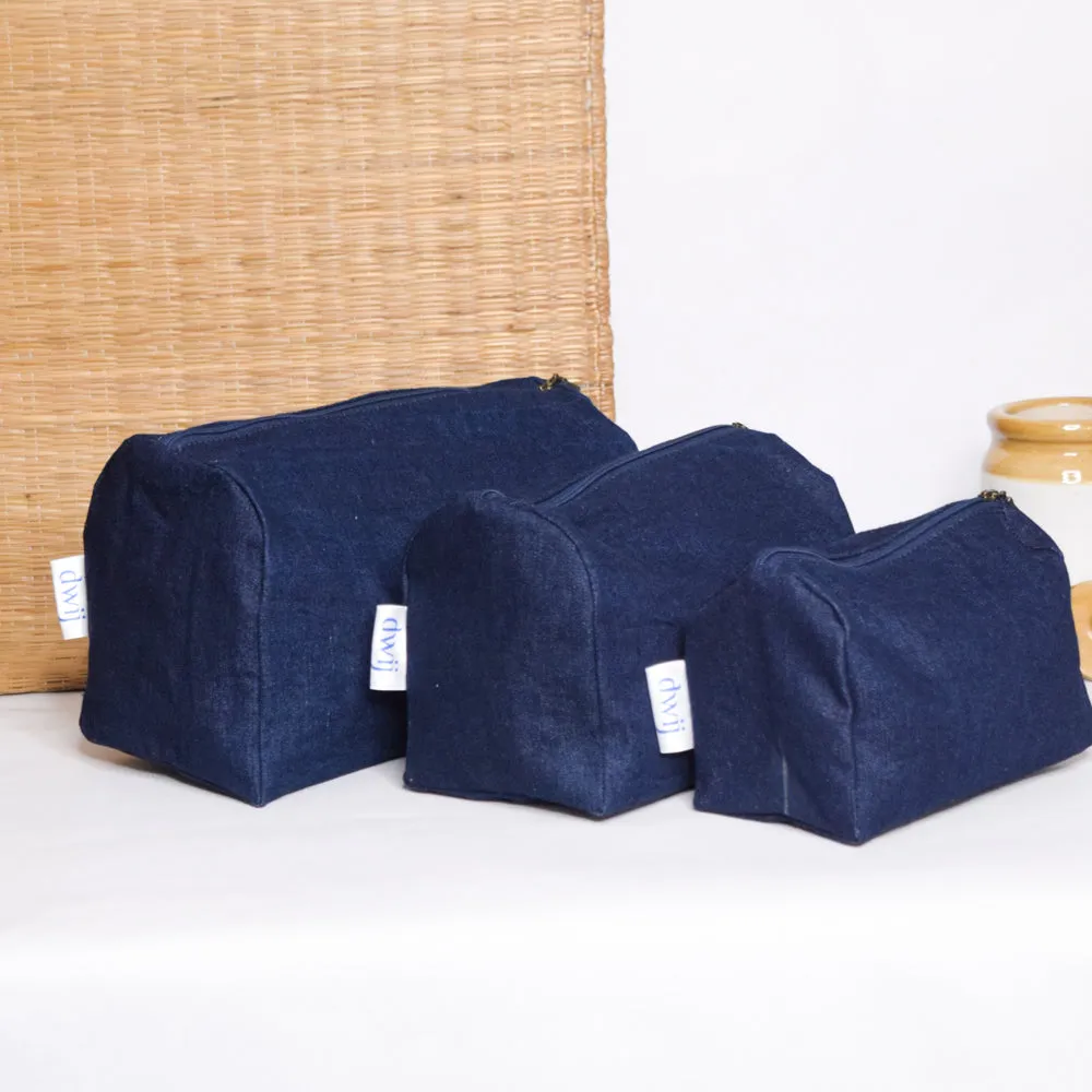 Blue - Upcycled Denim Multipurpose Travel Pouch (Set of 3)