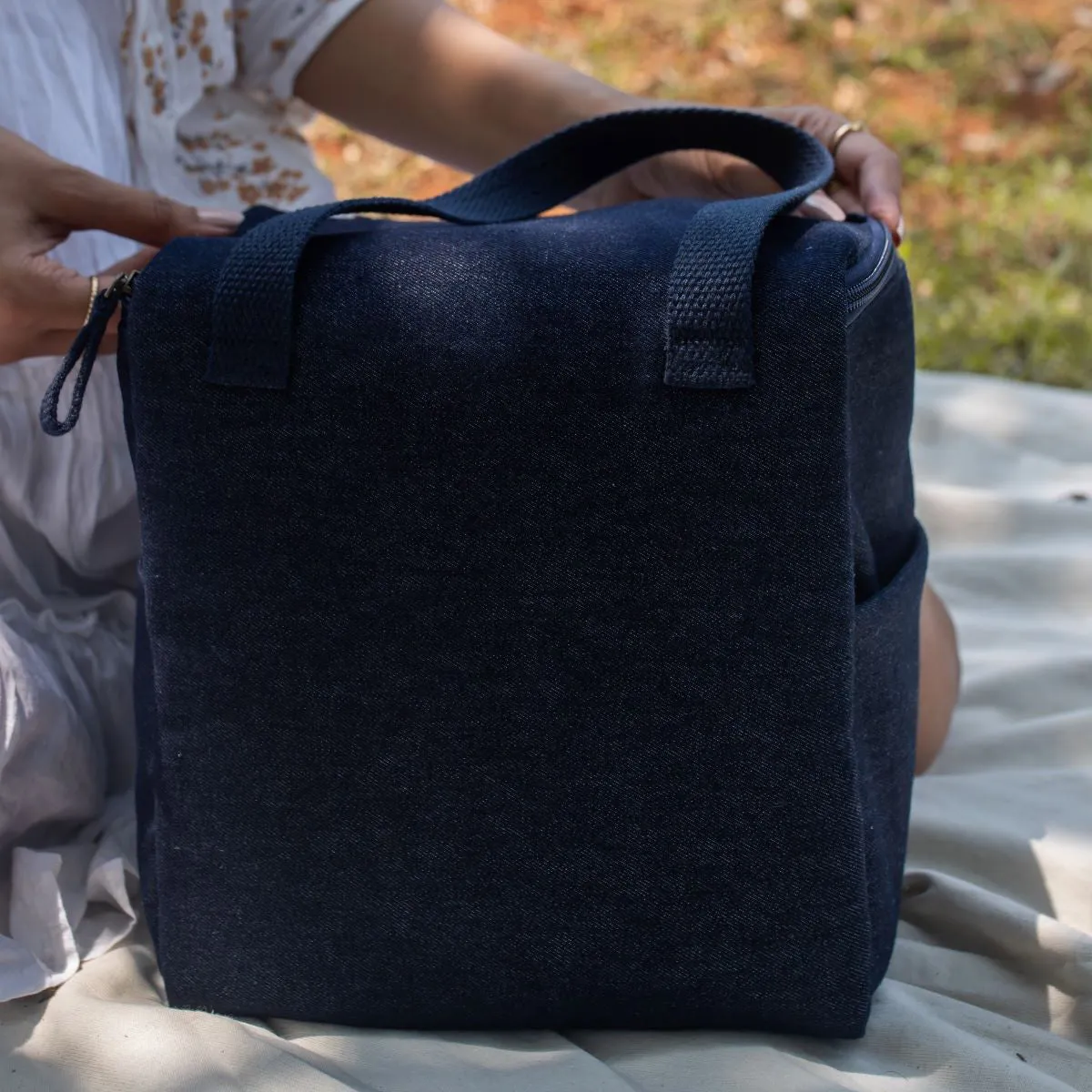 Blue - Upcycled Eco friendly Denim Jeans Lunch Bag (Large)