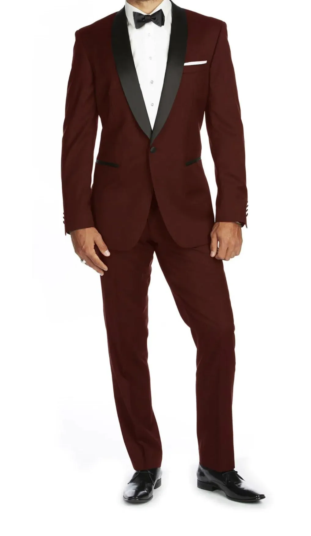 Burgundy Slim-Fit Tuxedo Single Breasted Black Shawl Lapel Style-PTX02