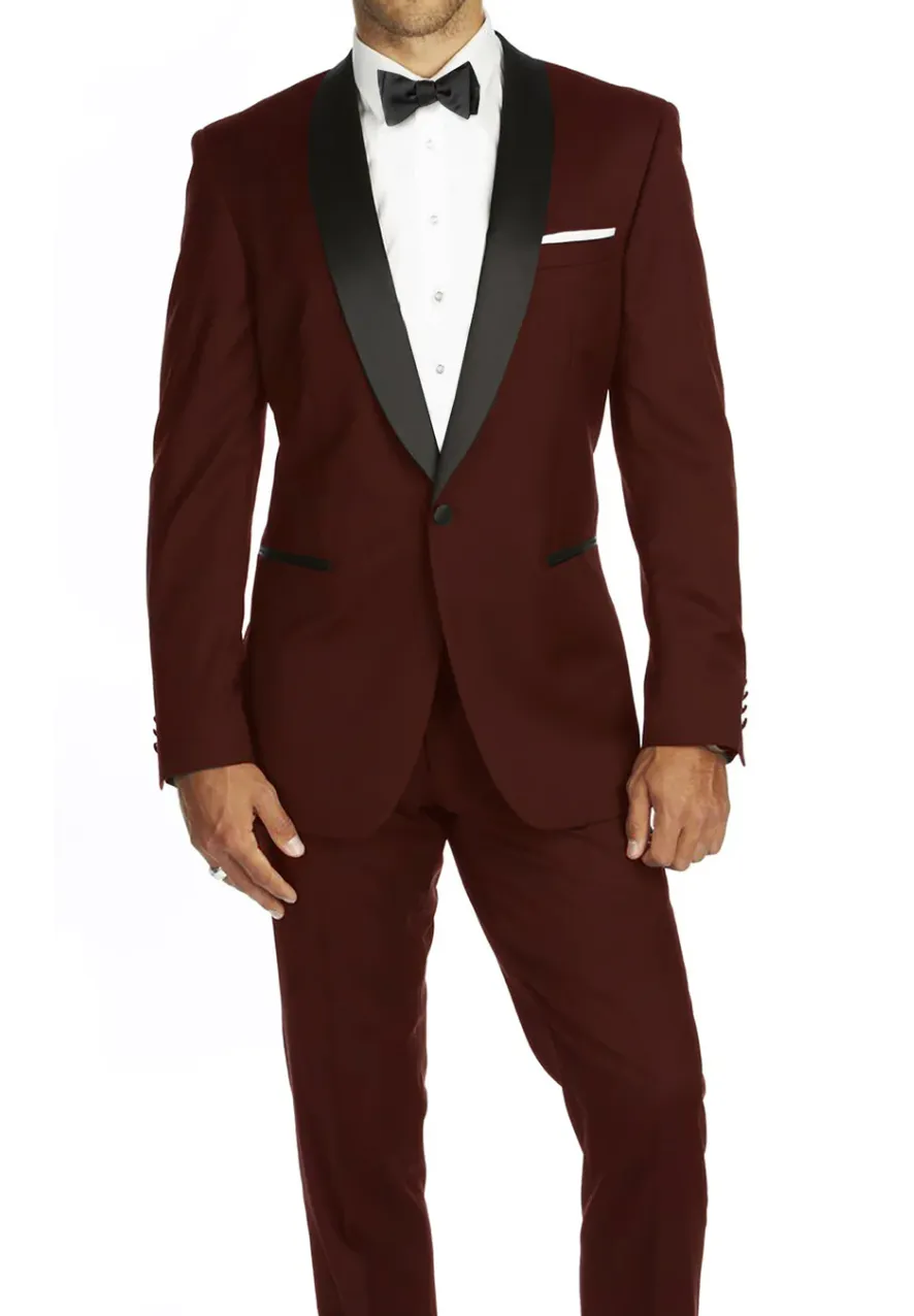 Burgundy Slim-Fit Tuxedo Single Breasted Black Shawl Lapel Style-PTX02