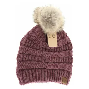 C.C. Beanie Knit Faux Fur Pom Beanie-Coco Berry