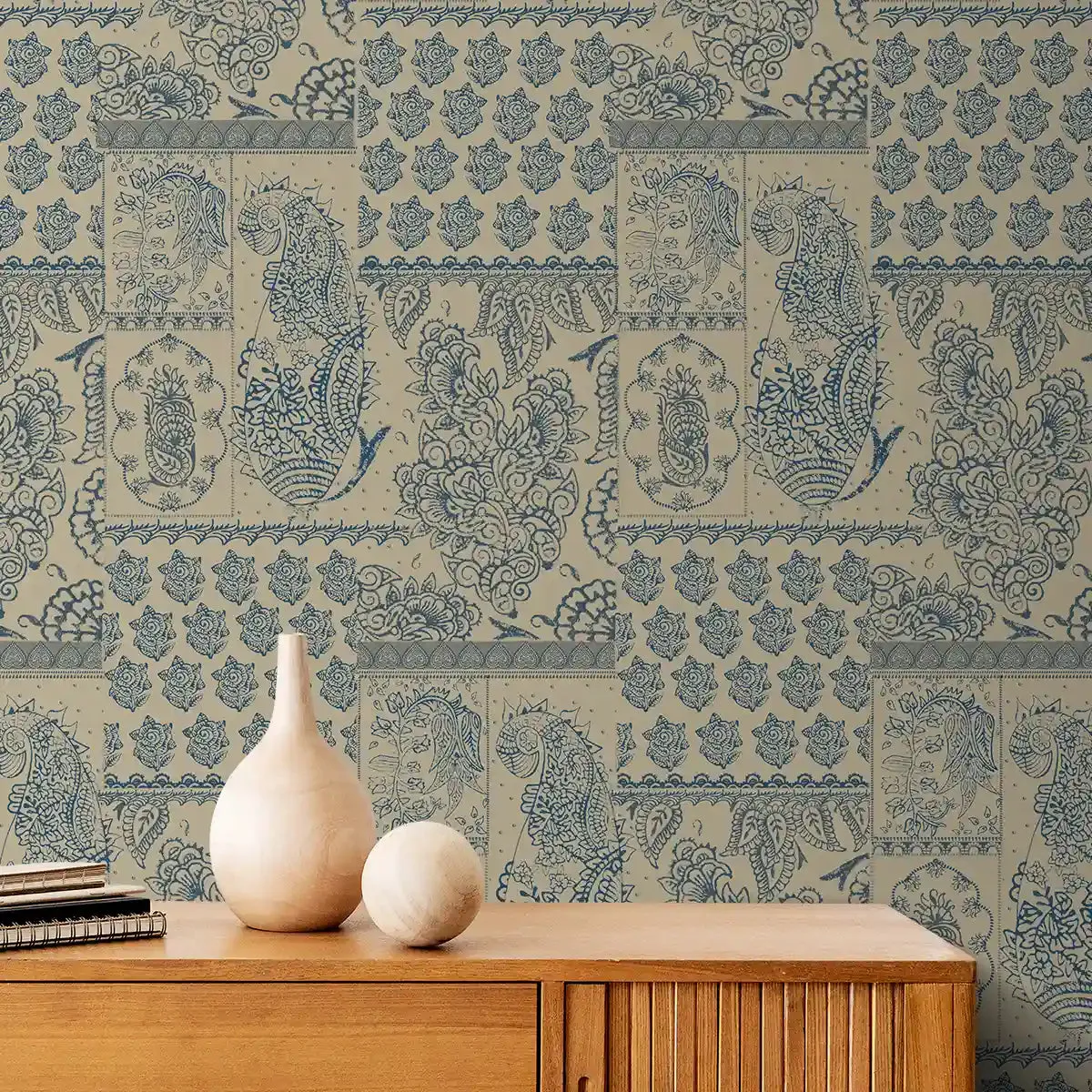 Chhaya Block Print Wallpaper design for Rooms Beige and Blue