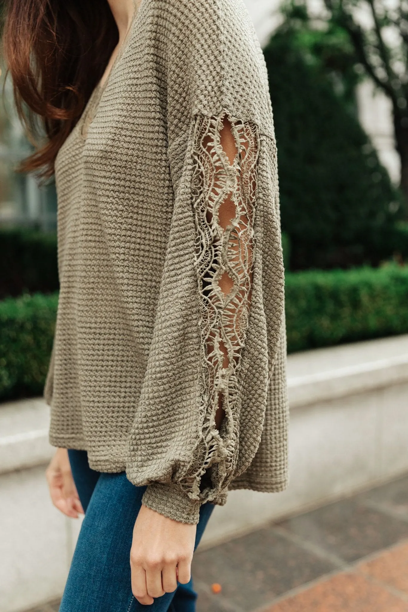 Chloe Lace & Drape Sweater in Olive