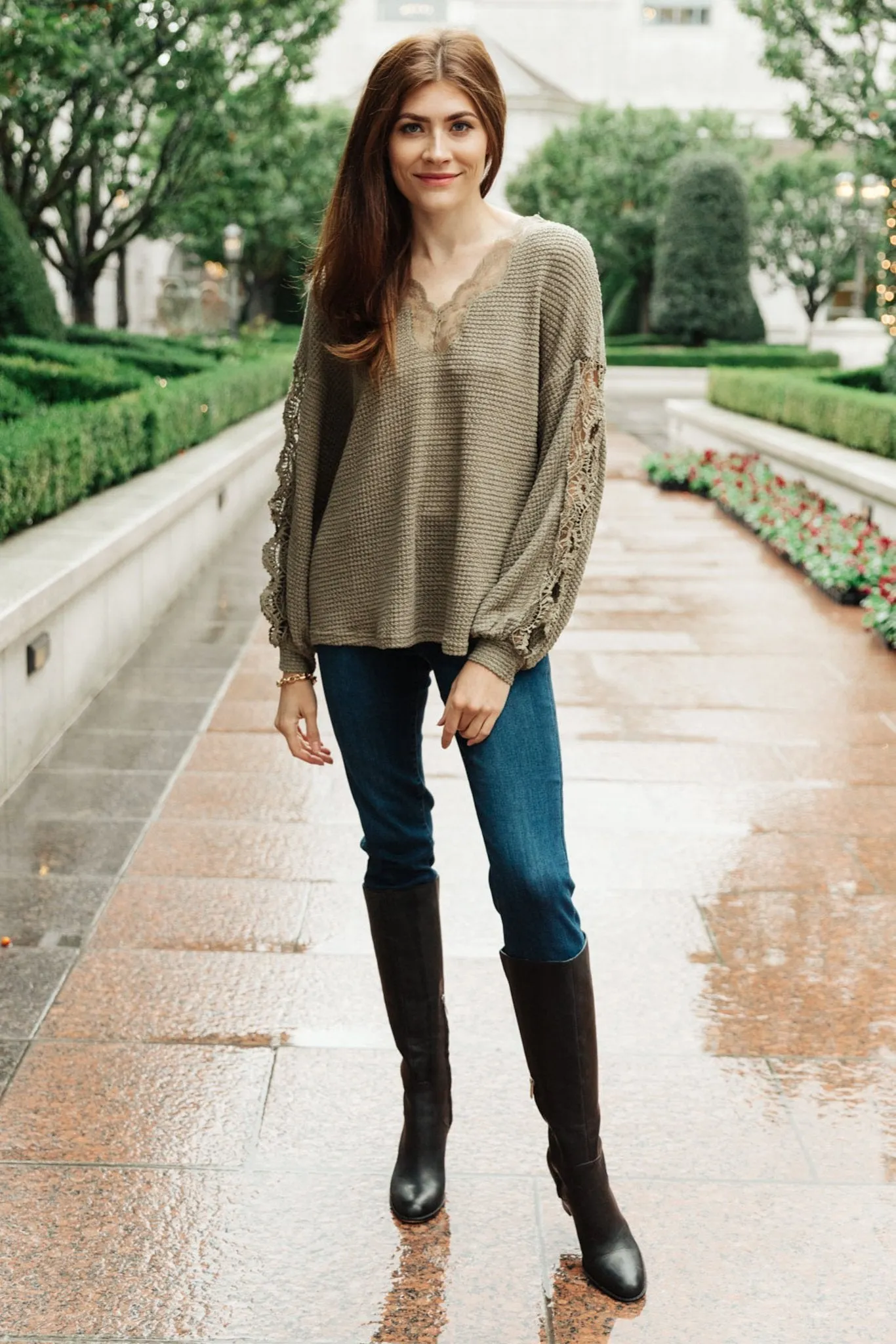 Chloe Lace & Drape Sweater in Olive