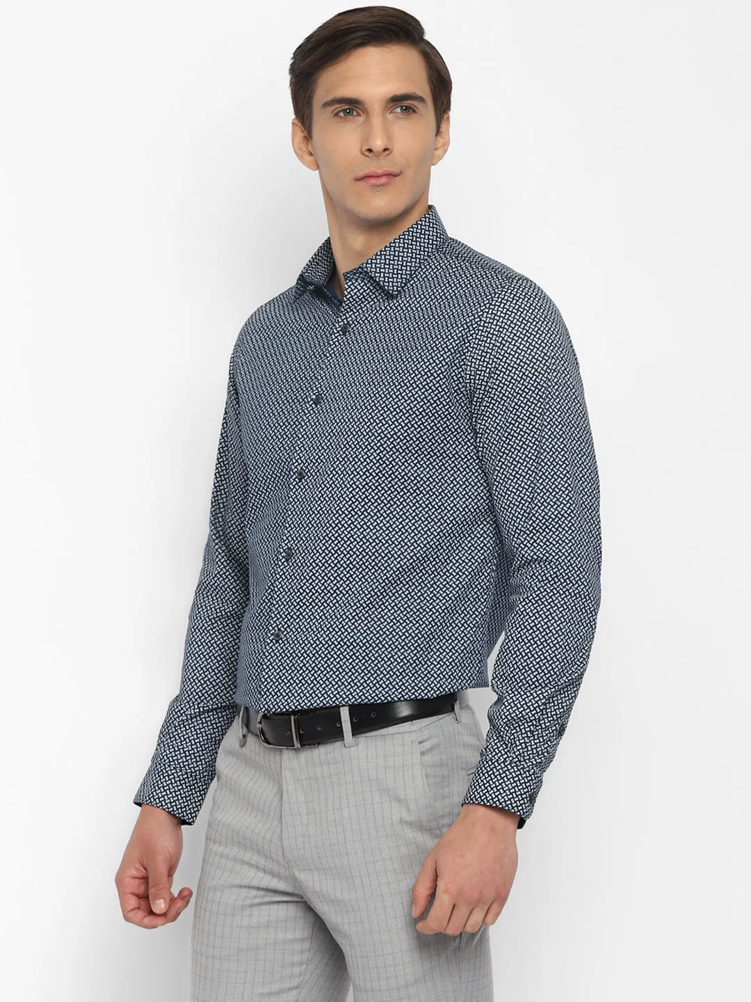 Cotton Blue Slim Fit Printed Ceremonial Shirt