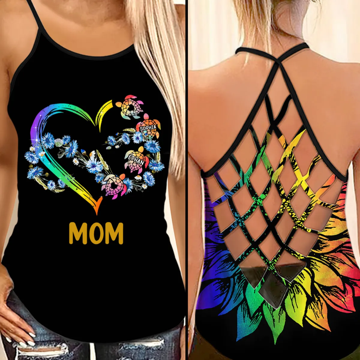 Customized Grandma Mom Turtle Heart Infinite Love Mothers Day Summer Beach Vacation Gift Cross Tank top