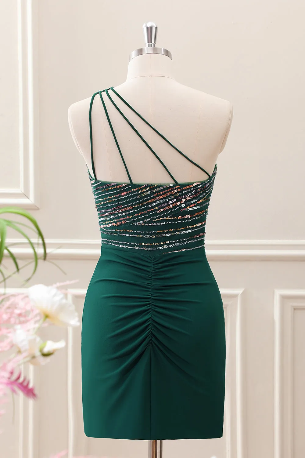 Dark Green One Shoulder Sequined Bodycon Mini Dress