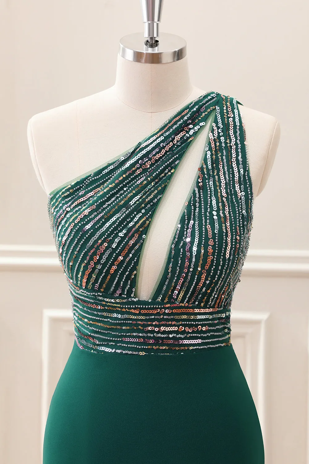 Dark Green One Shoulder Sequined Bodycon Mini Dress