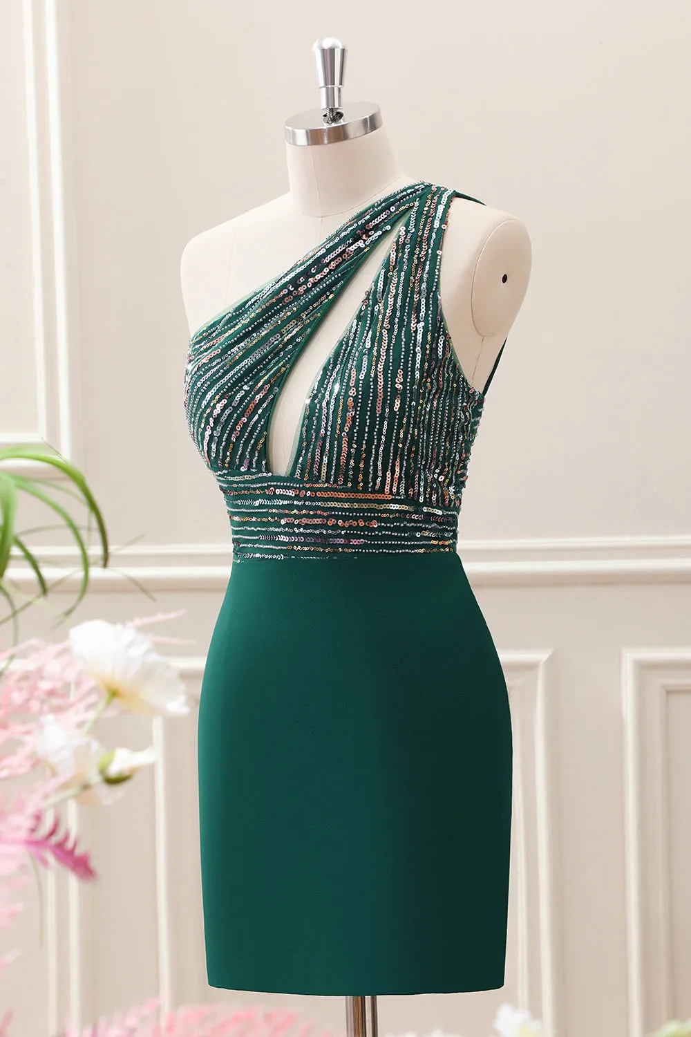 Dark Green One Shoulder Sequined Bodycon Mini Dress