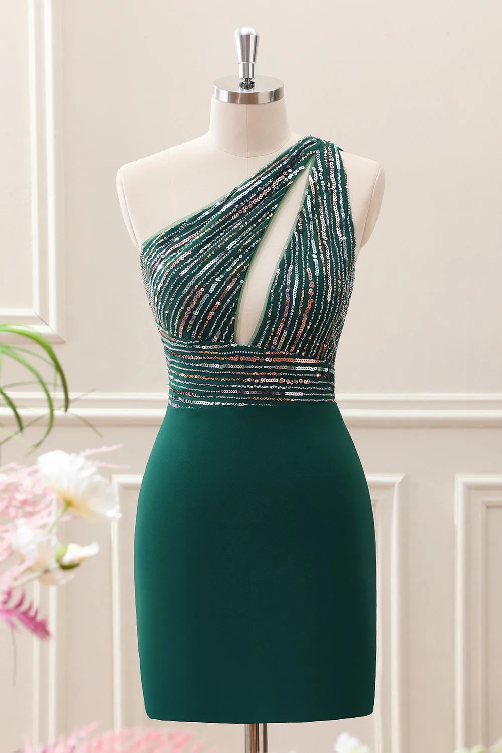 Dark Green One Shoulder Sequined Bodycon Mini Dress