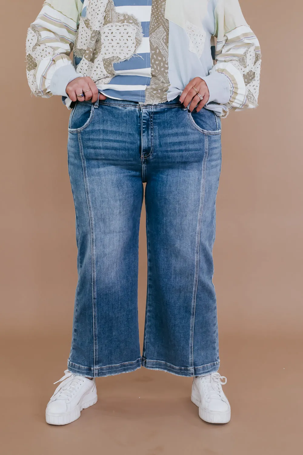 Double Button High Rise Front Seam Detail Jeans, RISEN