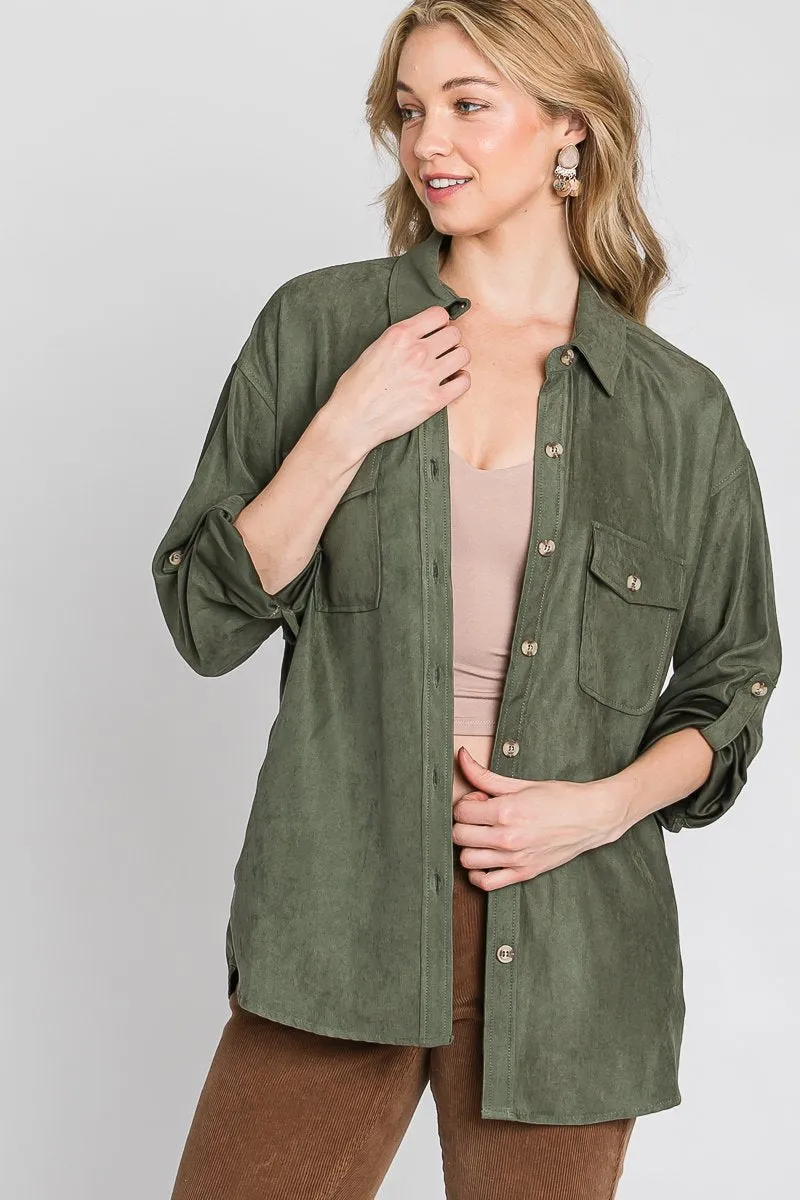 Faux suede classic button-down shirt with button strap long sleeves - multiple colors