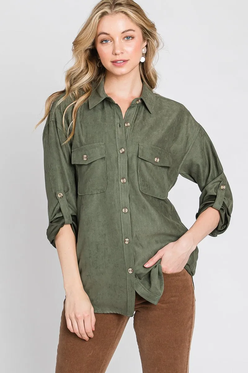 Faux suede classic button-down shirt with button strap long sleeves - multiple colors