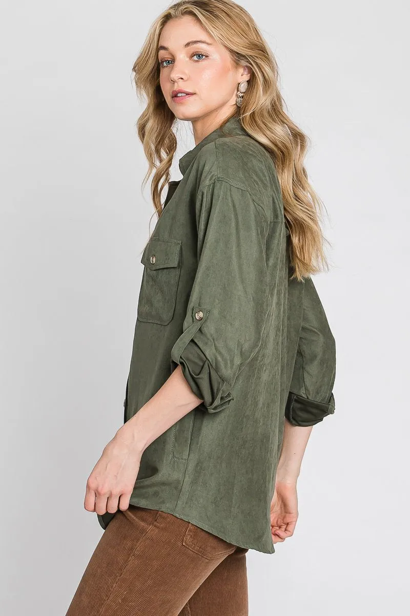 Faux suede classic button-down shirt with button strap long sleeves - multiple colors