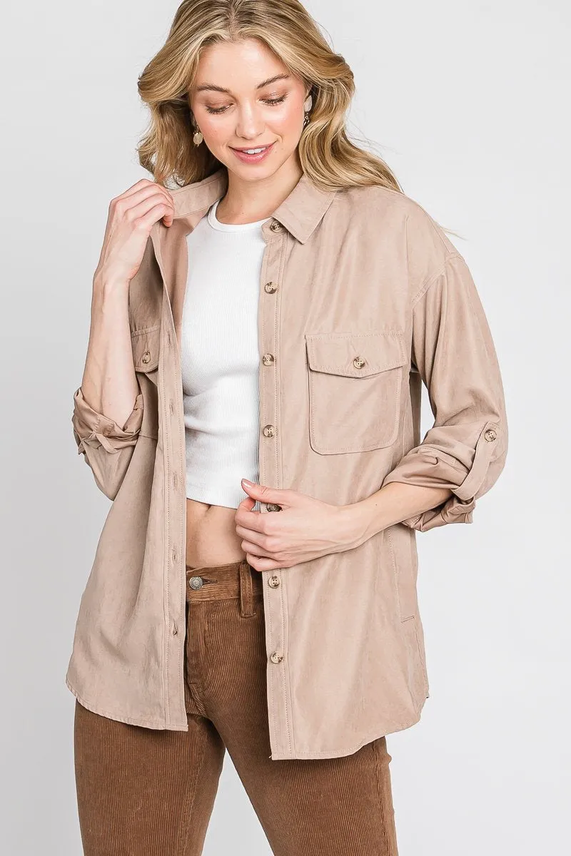 Faux suede classic button-down shirt with button strap long sleeves - multiple colors