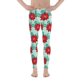 Floral Christmas Holiday Men's Leggings, Light Green & Red Xmas Flower Designer Men's Leggings-Made in USA/MX/EU